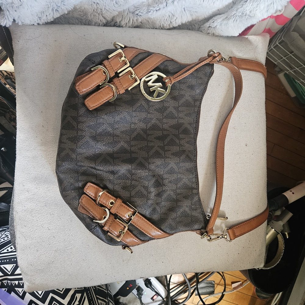 Michael Kors Brown Logo Hobo with Tan Leather Trim and Gold MK Charm